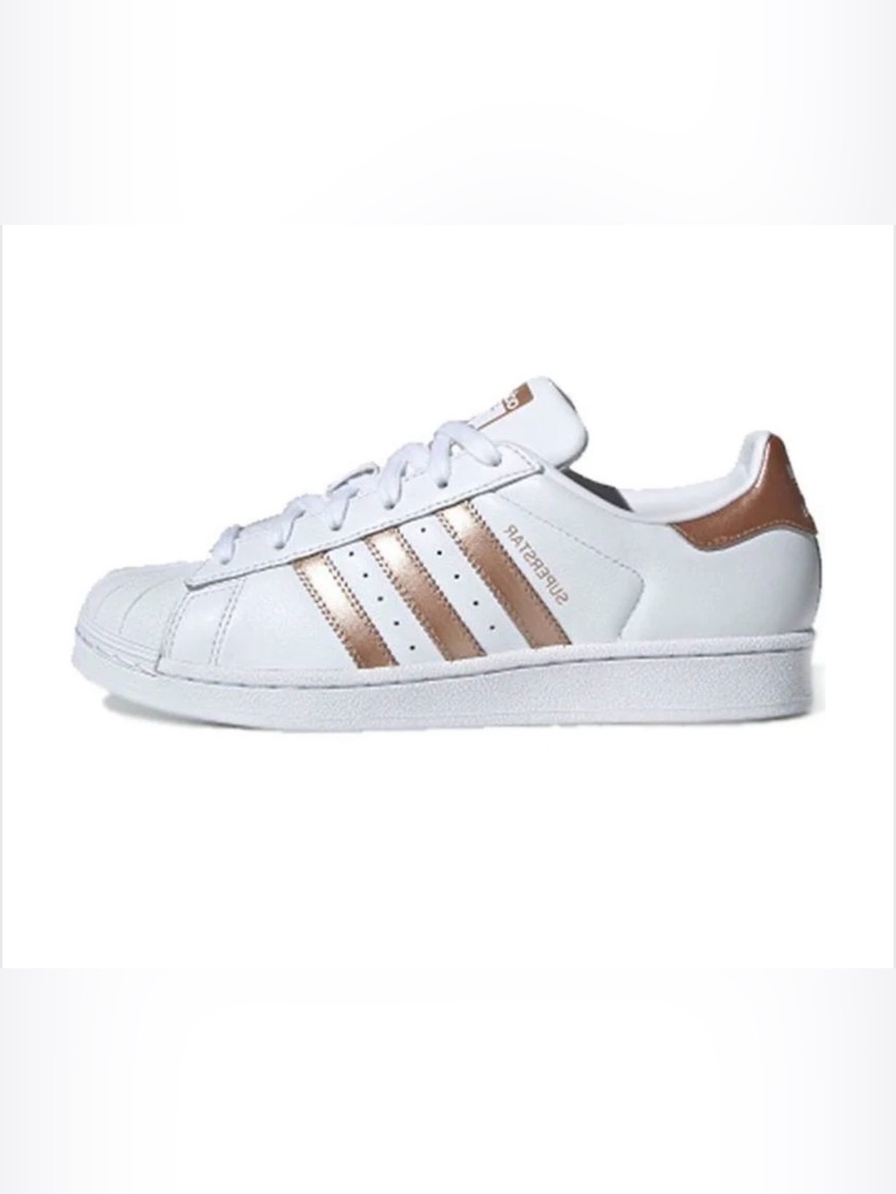 adidas Superstar Sneakers in White with Metallic Rose Gold Stripes